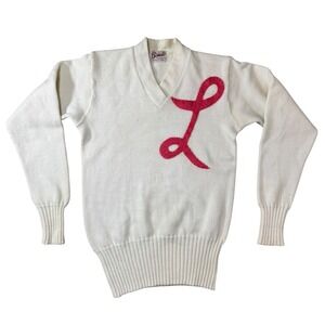 Beards Sporting Goods 1940s Letterman Sweater Mens L White Red V-Neck Wool Knit
